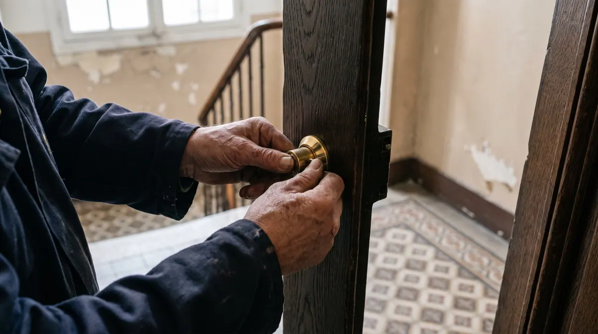 Mains d'un serrurier posant un cylindre laiton sur une porte d'appartement